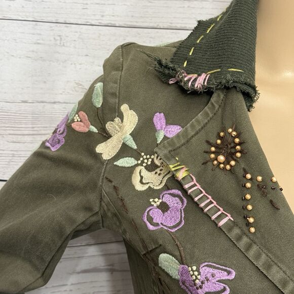 Rebbeca Thomson Embroidered Floral Jacket Medium Olive Green Unique Boho Casual - Picture 3 of 11
